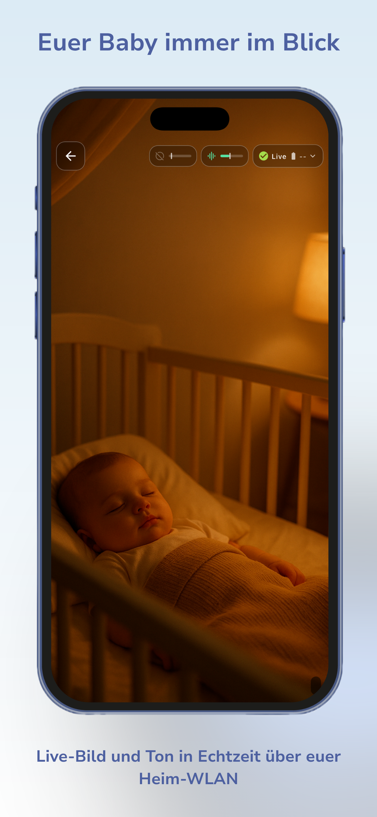BabySorglos Live-Monitor auf dem iPhone: Live-Bild eines schlafenden Babys im Kinderbett, übertragen über das Heim-WLAN